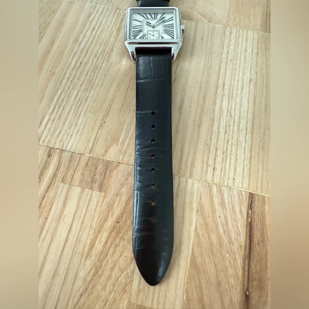 Vicence 925 Sterling silver square black leather dress watch NEW BATTERY